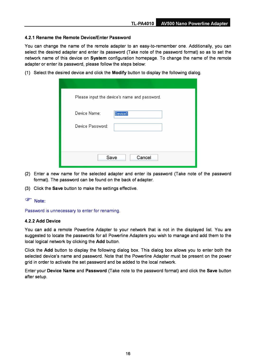 TP-Link manual TL-PA4010 AV500 Nano Powerline Adapter, Rename the Remote Device/Enter Password,  Note, Add Device 