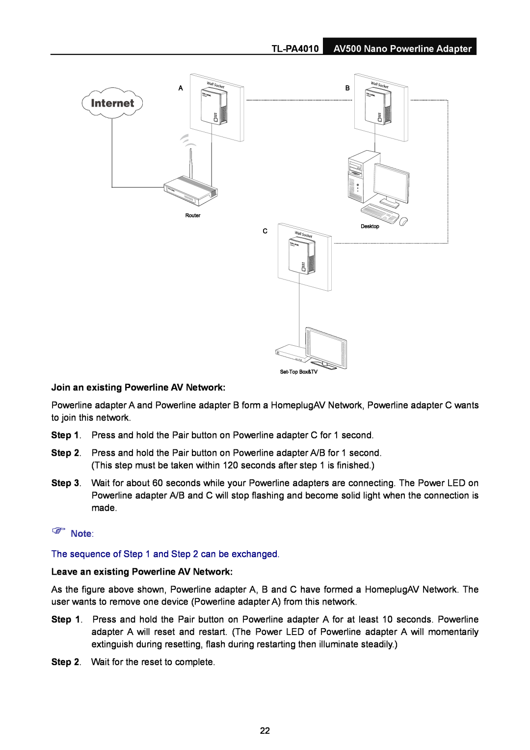 TP-Link manual TL-PA4010 AV500 Nano Powerline Adapter, Join an existing Powerline AV Network,  Note 
