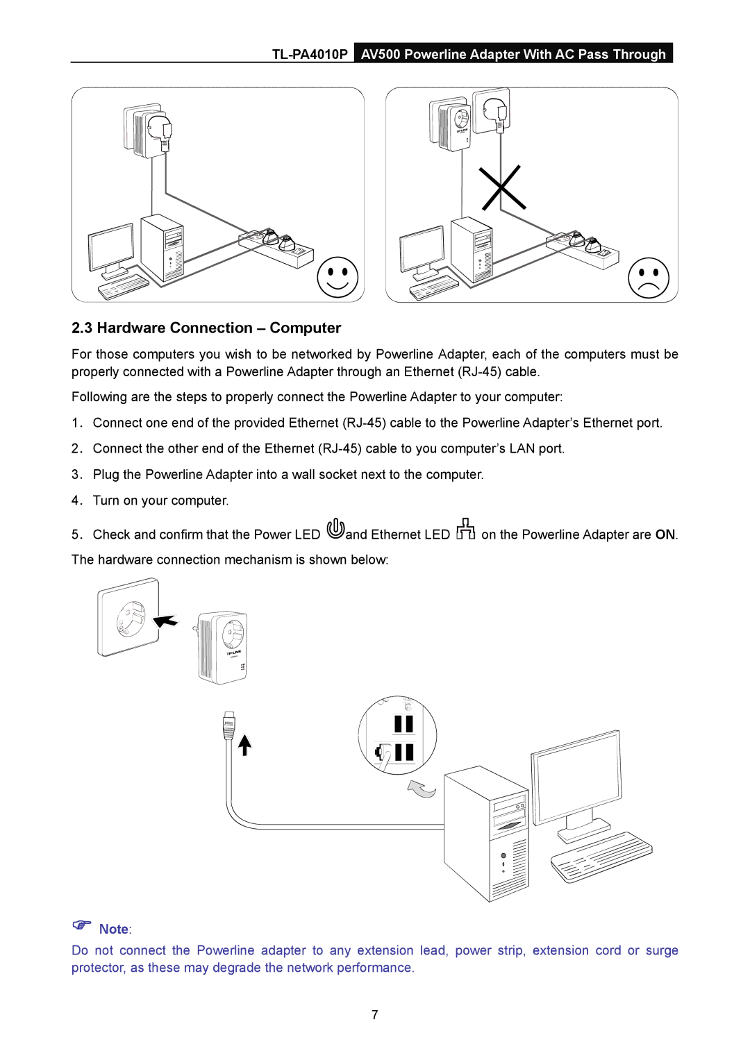 TP-Link TL-PA4010P manual Hardware Connection Computer 