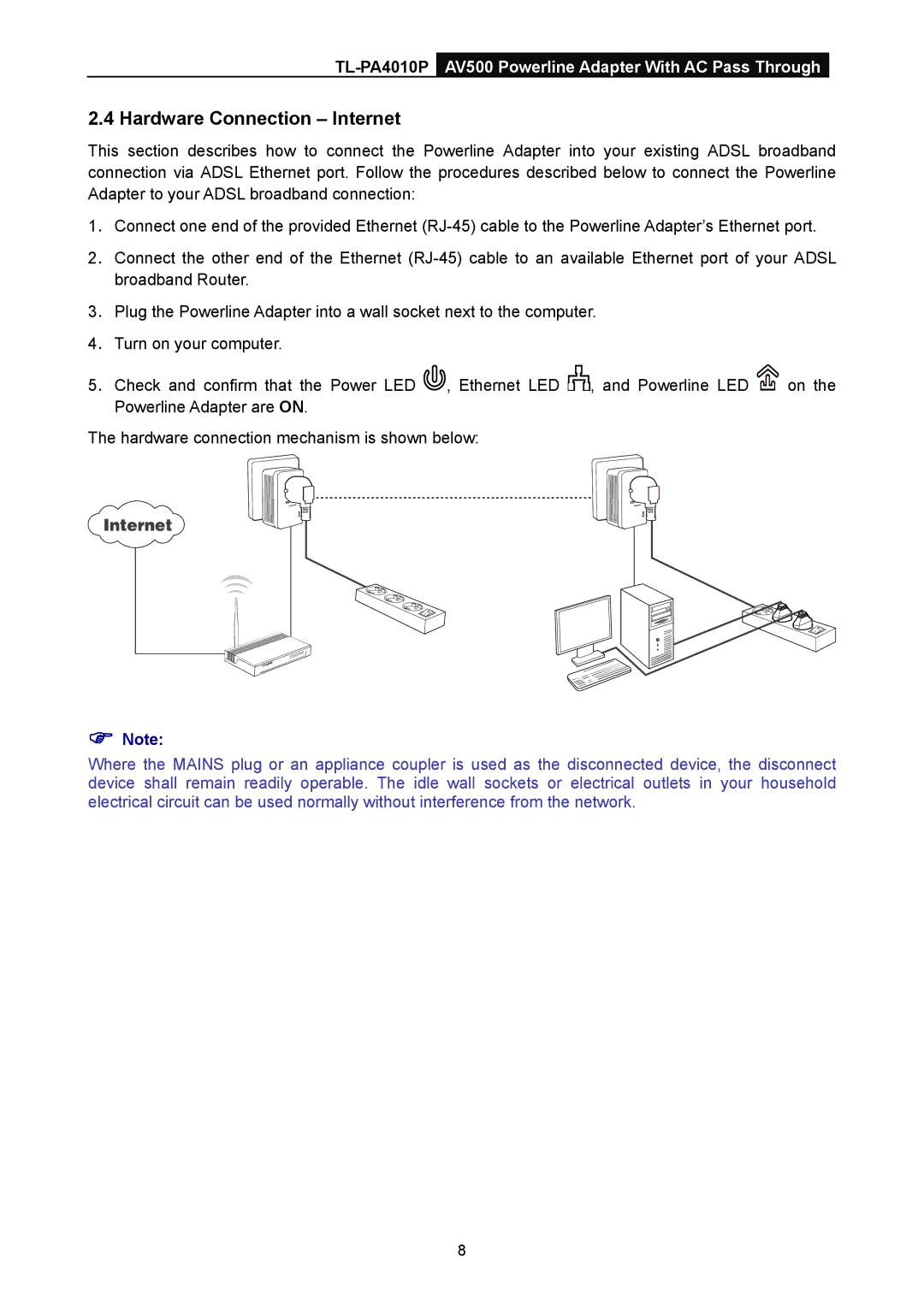 TP-Link TL-PA4010P manual Hardware Connection Internet,  Note 