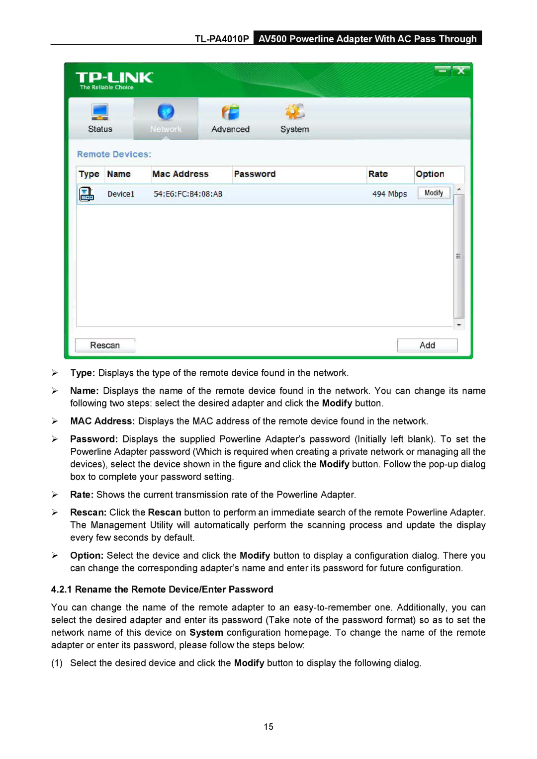 TP-Link TL-PA4010P manual Rename the Remote Device/Enter Password 