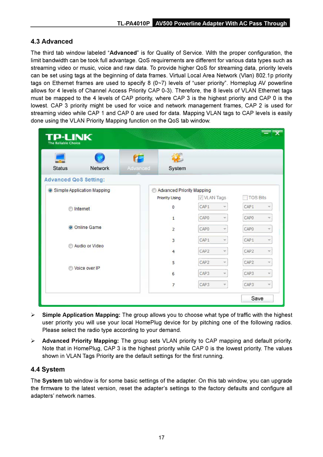 TP-Link TL-PA4010P manual Advanced, System 