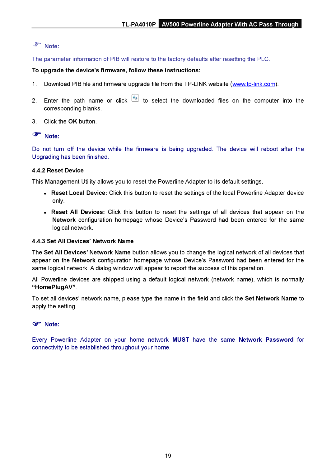 TP-Link TL-PA4010P To upgrade the devices firmware, follow these instructions, Reset Device, Set All Devices’ Network Name 