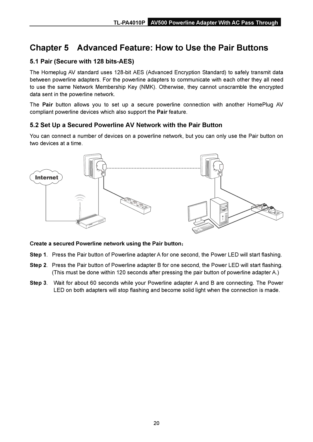 TP-Link TL-PA4010P manual Advanced Feature How to Use the Pair Buttons, Pair Secure with 128 bits-AES 