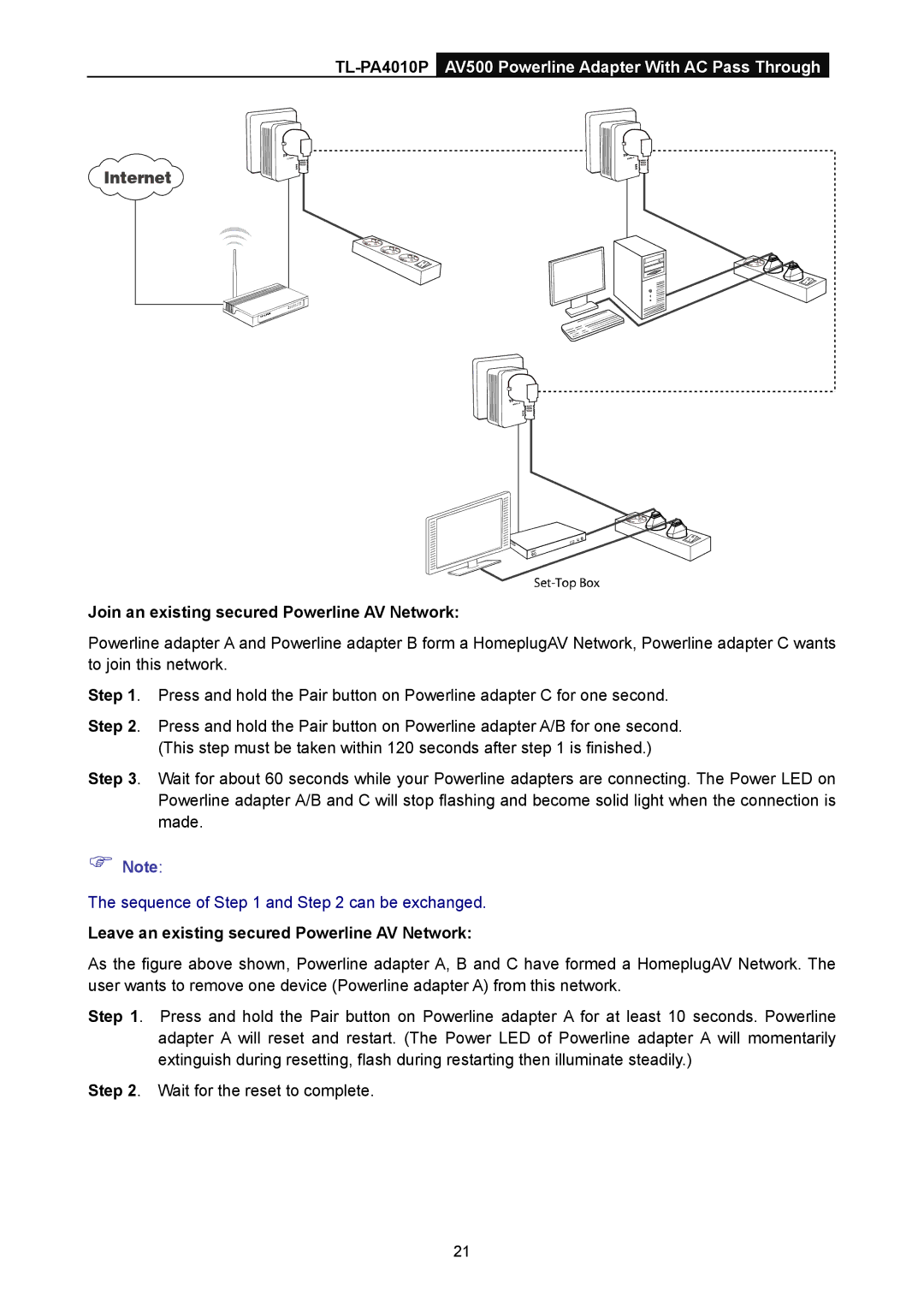 TP-Link TL-PA4010P manual Join an existing secured Powerline AV Network, Leave an existing secured Powerline AV Network 