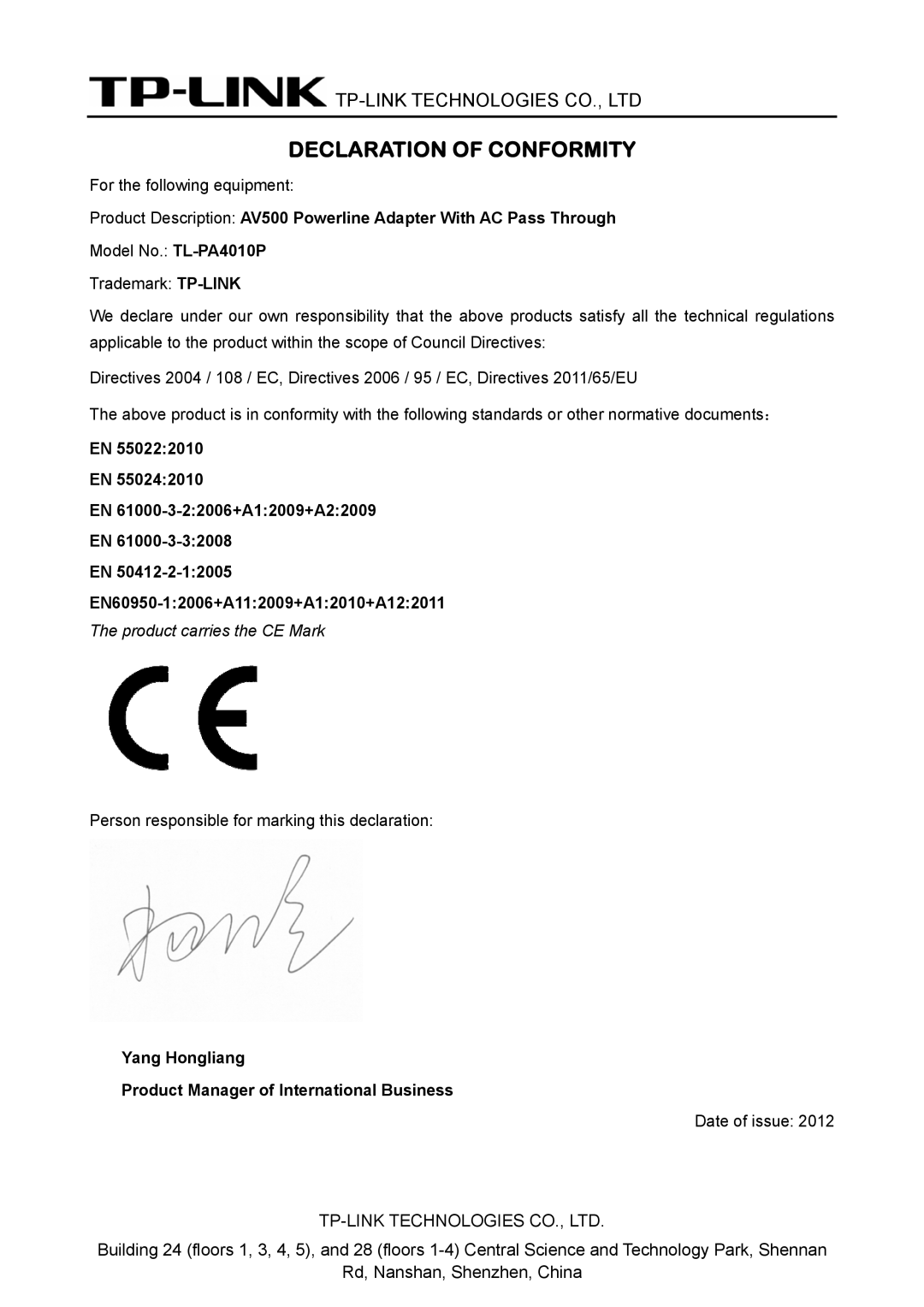 TP-Link TL-PA4010P manual Declaration of Conformity, Yang Hongliang Product Manager of International Business 