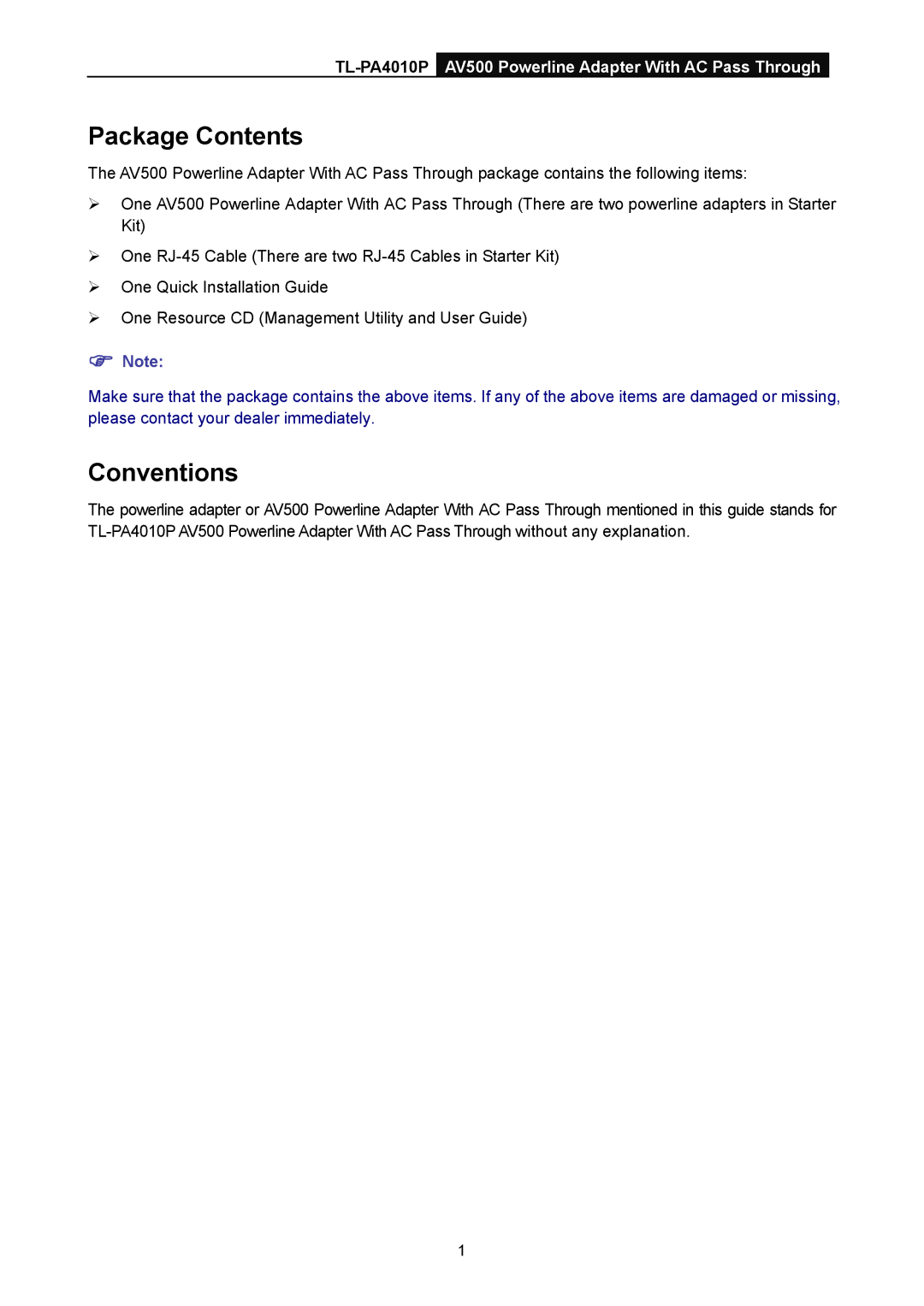 TP-Link TL-PA4010P manual Package Contents, Conventions 