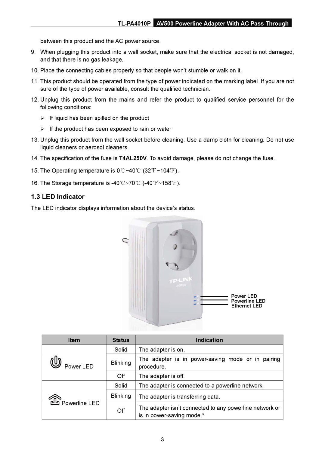 TP-Link TL-PA4010P manual LED Indicator, Status Indication 