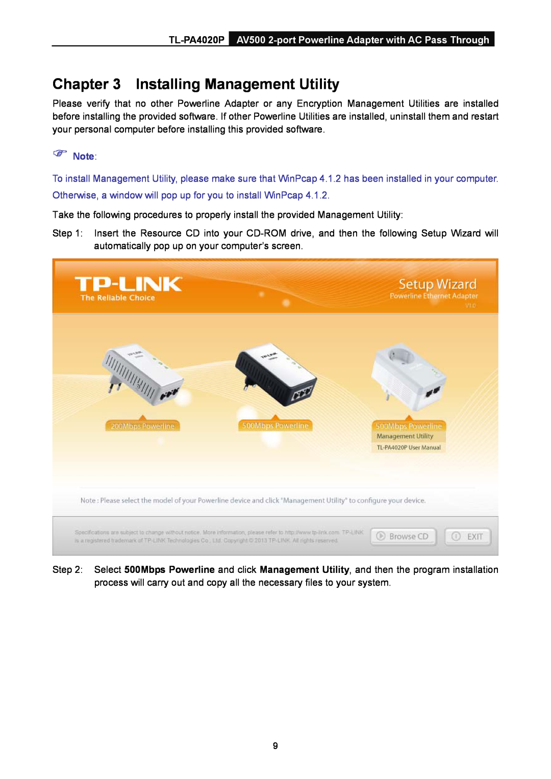 TP-Link manual Installing Management Utility, TL-PA4020P AV500 2-port Powerline Adapter with AC Pass Through 