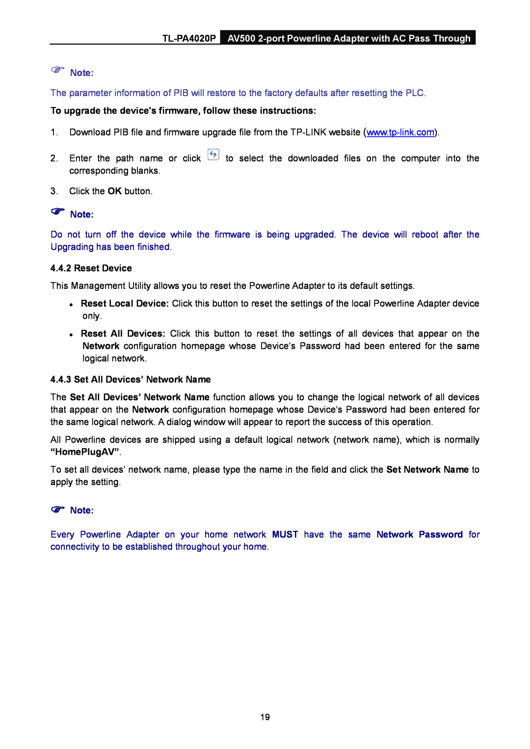 TP-Link TL-PA4020P AV500 2-port Powerline Adapter with AC Pass Through, Reset Device, Set All Devices’ Network Name 