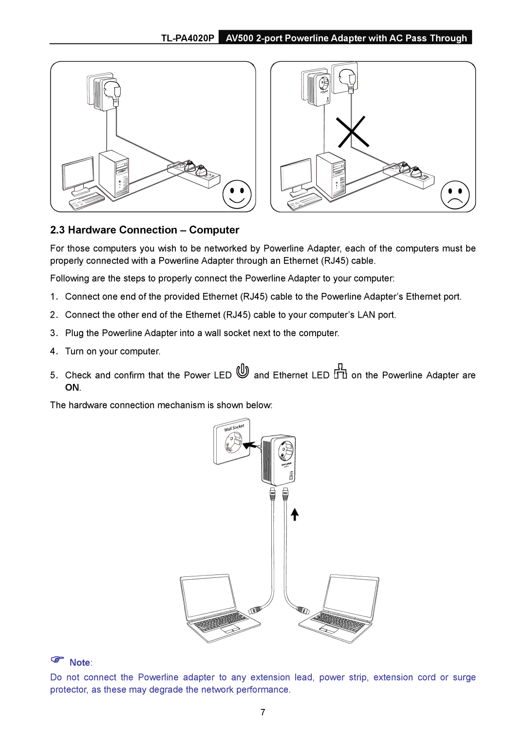 TP-Link TL-PA4020P manual Hardware Connection Computer 