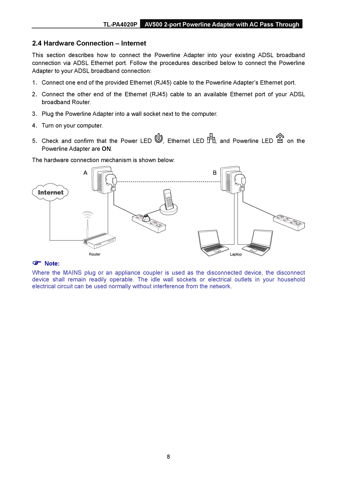 TP-Link TL-PA4020P manual Hardware Connection Internet 