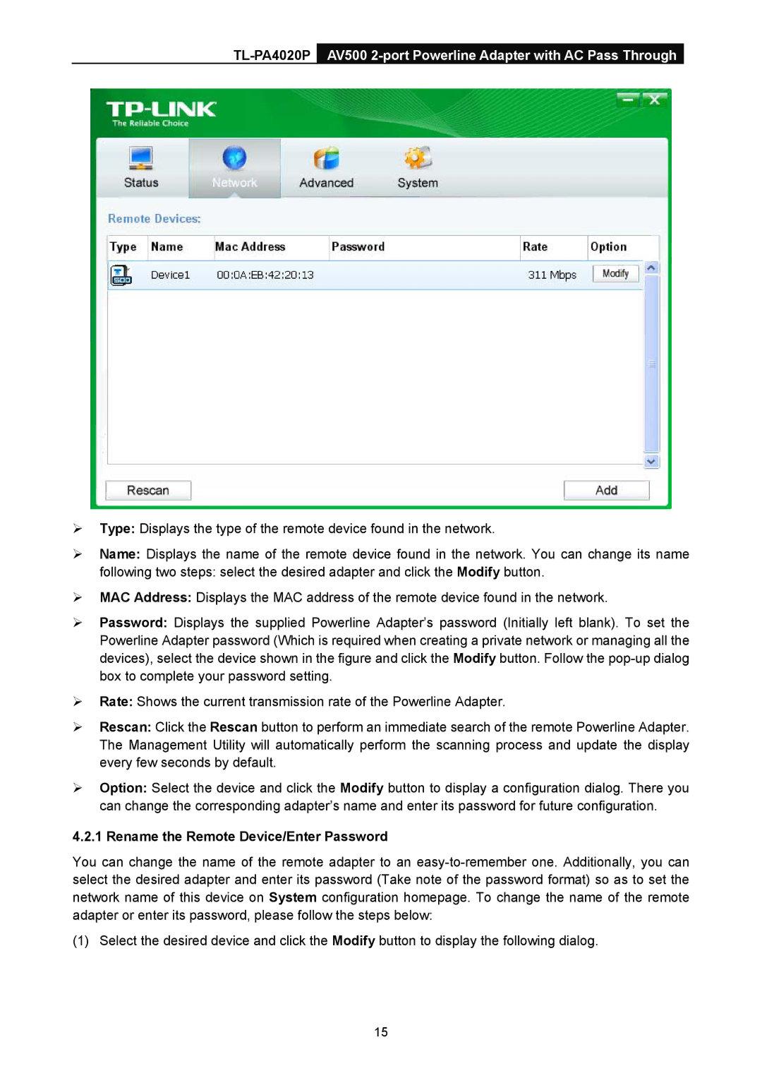 TP-Link TL-PA4020P manual Rename the Remote Device/Enter Password 