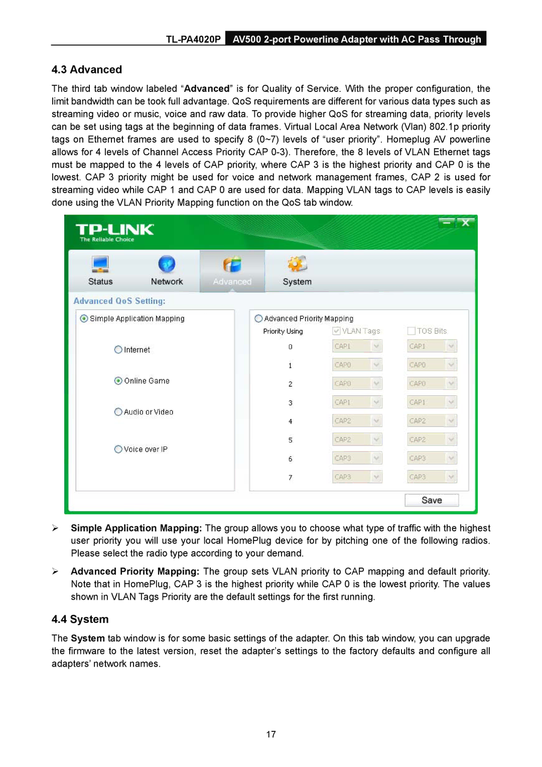 TP-Link TL-PA4020P manual Advanced, System 