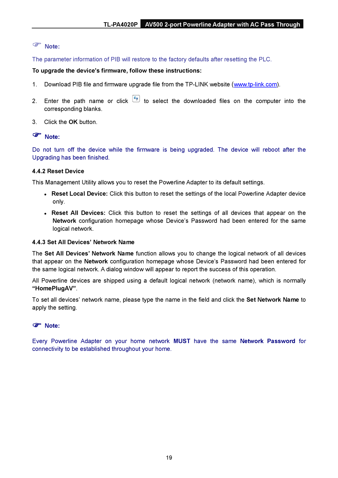 TP-Link TL-PA4020P To upgrade the devices firmware, follow these instructions, Reset Device, Set All Devices’ Network Name 