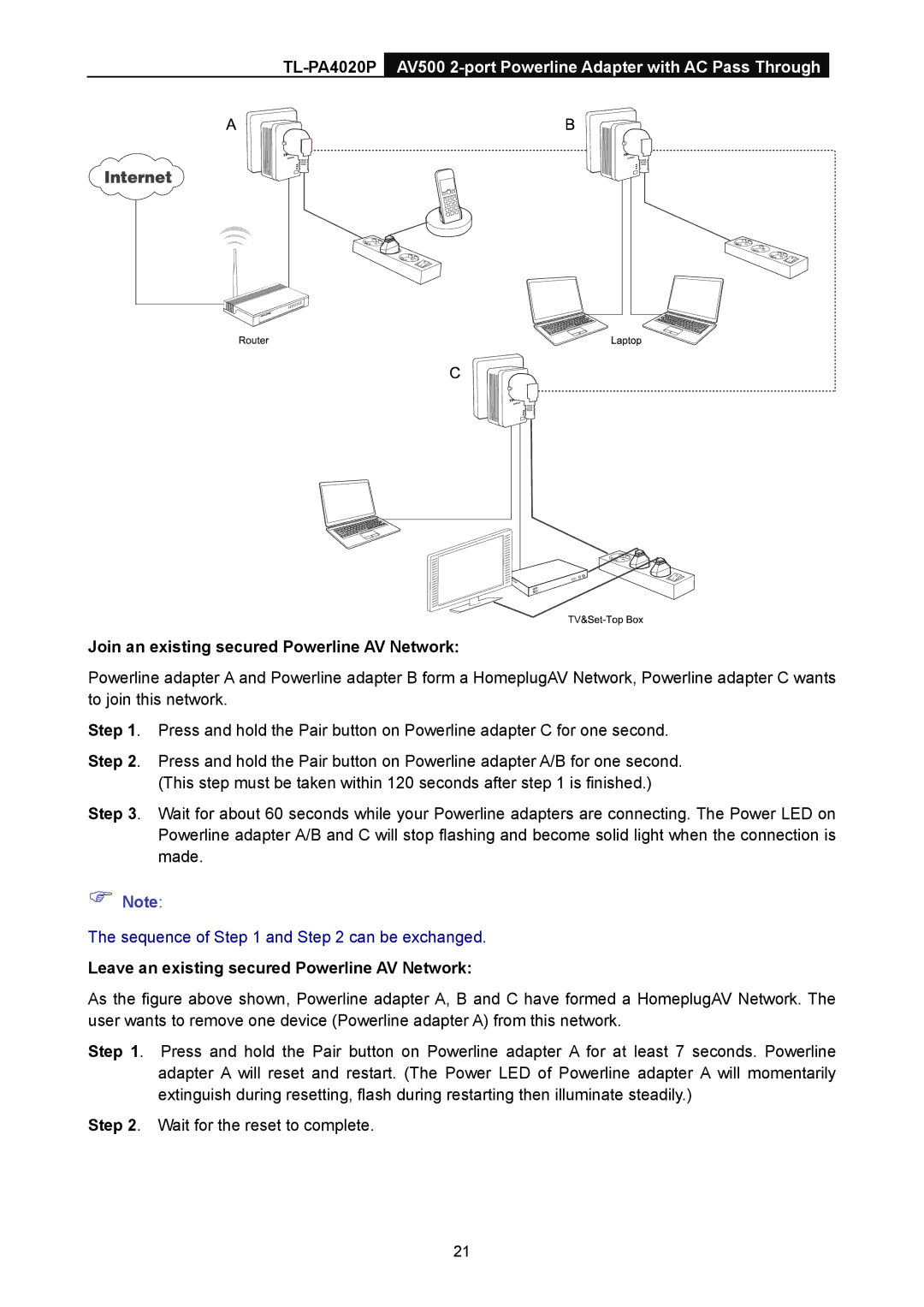 TP-Link TL-PA4020P manual Join an existing secured Powerline AV Network, Leave an existing secured Powerline AV Network 