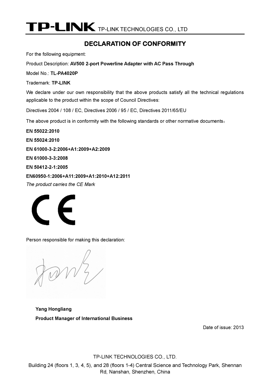 TP-Link TL-PA4020P manual Declaration of Conformity, Yang Hongliang Product Manager of International Business 