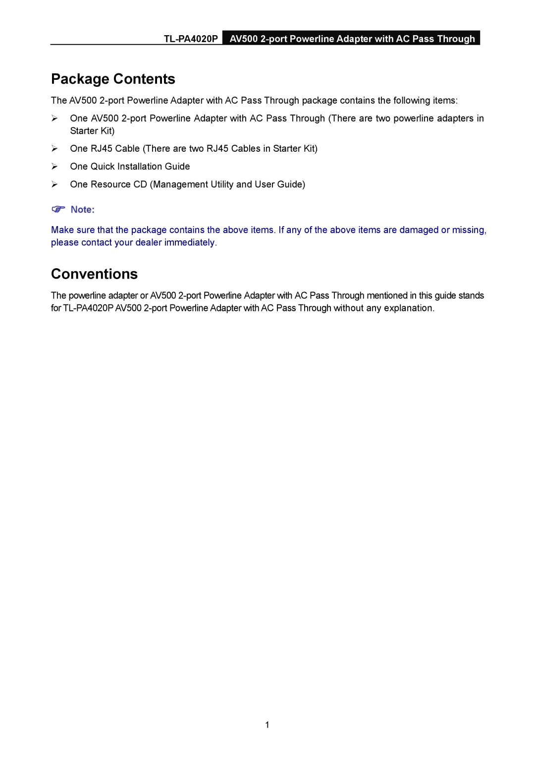 TP-Link TL-PA4020P manual Package Contents, Conventions 