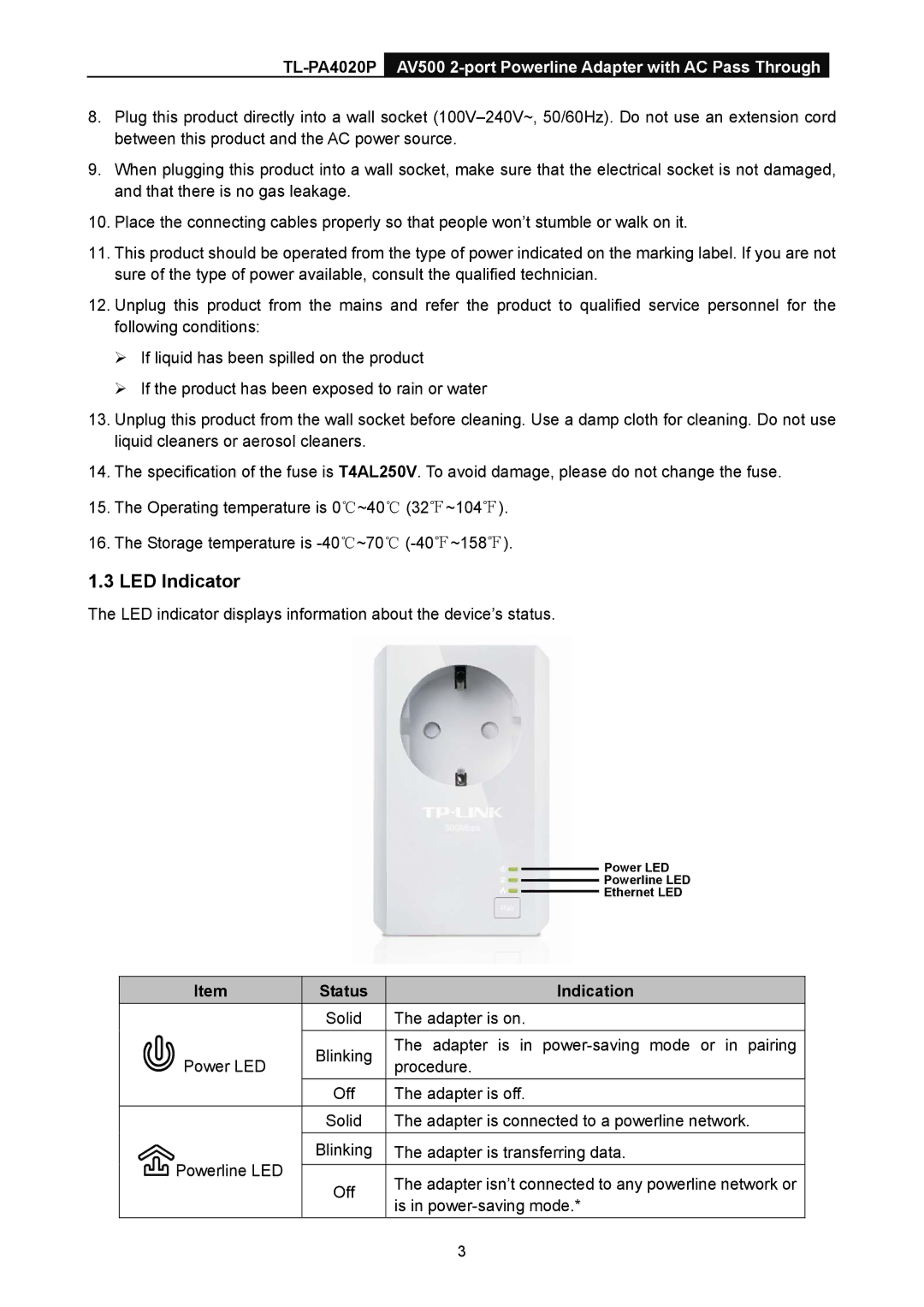 TP-Link TL-PA4020P manual LED Indicator, Status Indication 