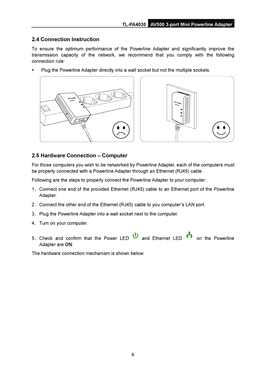 TP-Link TL-PA4030 manual Connection Instruction, Hardware Connection Computer 