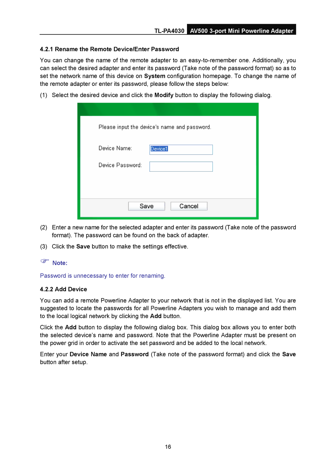 TP-Link TL-PA4030 manual Rename the Remote Device/Enter Password, Add Device 