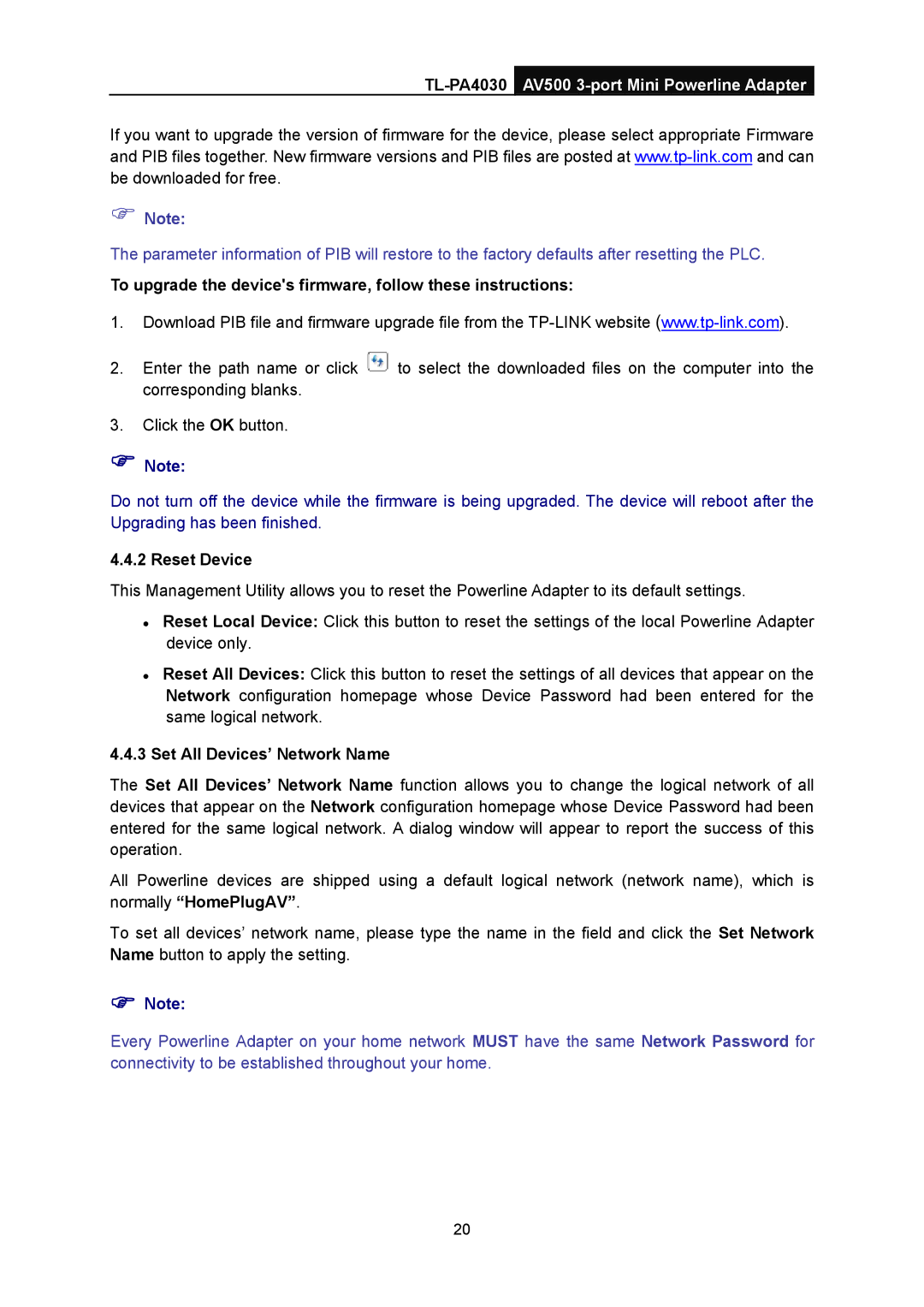 TP-Link TL-PA4030 To upgrade the devices firmware, follow these instructions, Reset Device, Set All Devices’ Network Name 