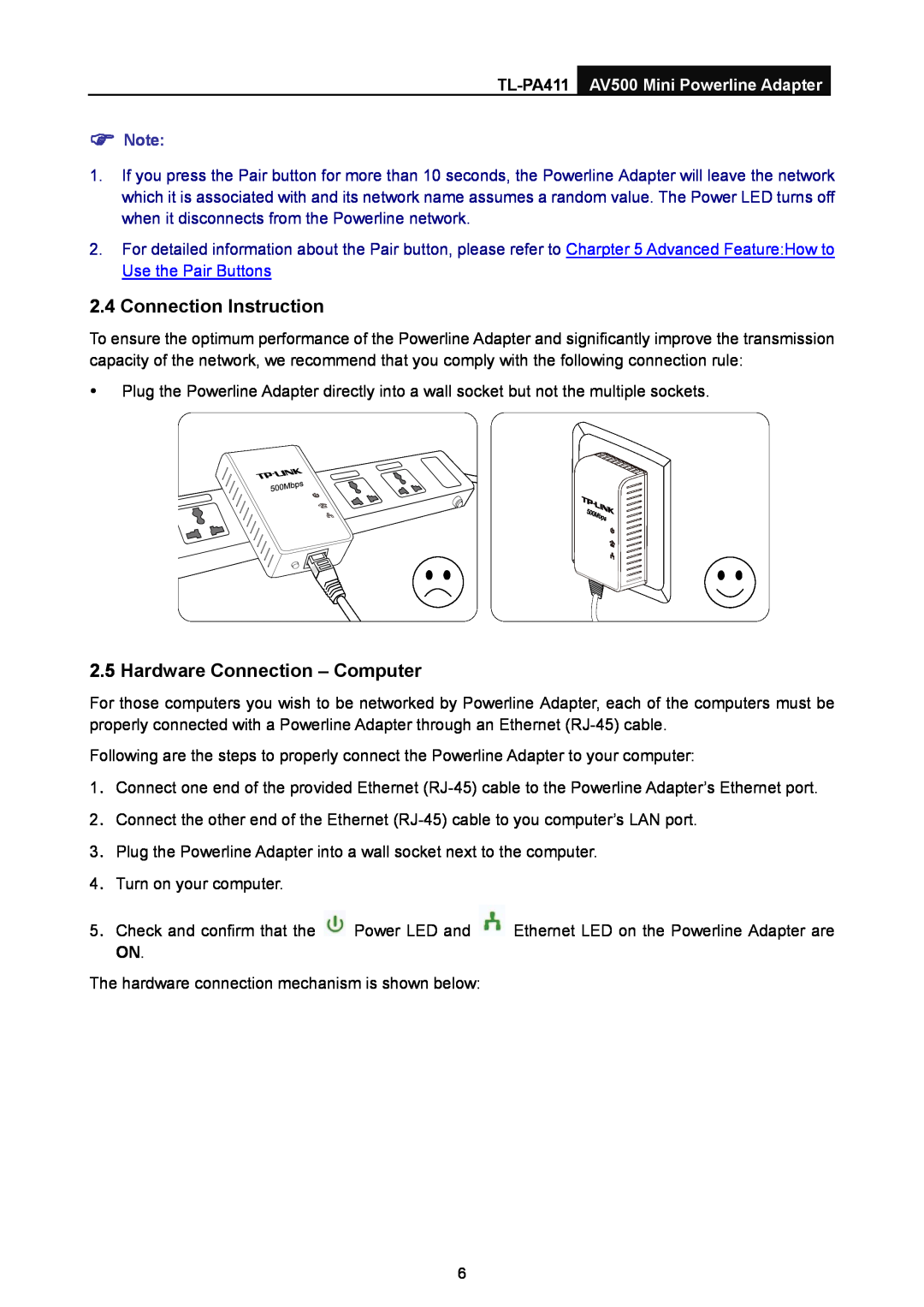 TP-Link manual Connection Instruction, Hardware Connection - Computer, TL-PA411 AV500 Mini Powerline Adapter 