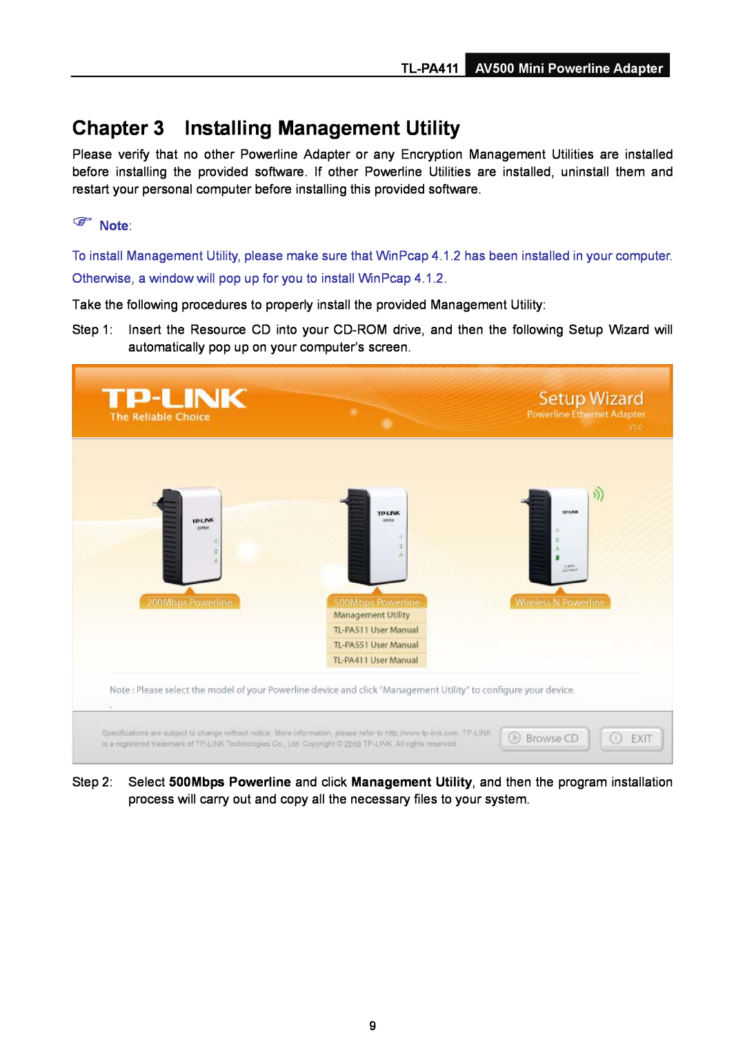 TP-Link manual Installing Management Utility, TL-PA411 AV500 Mini Powerline Adapter 
