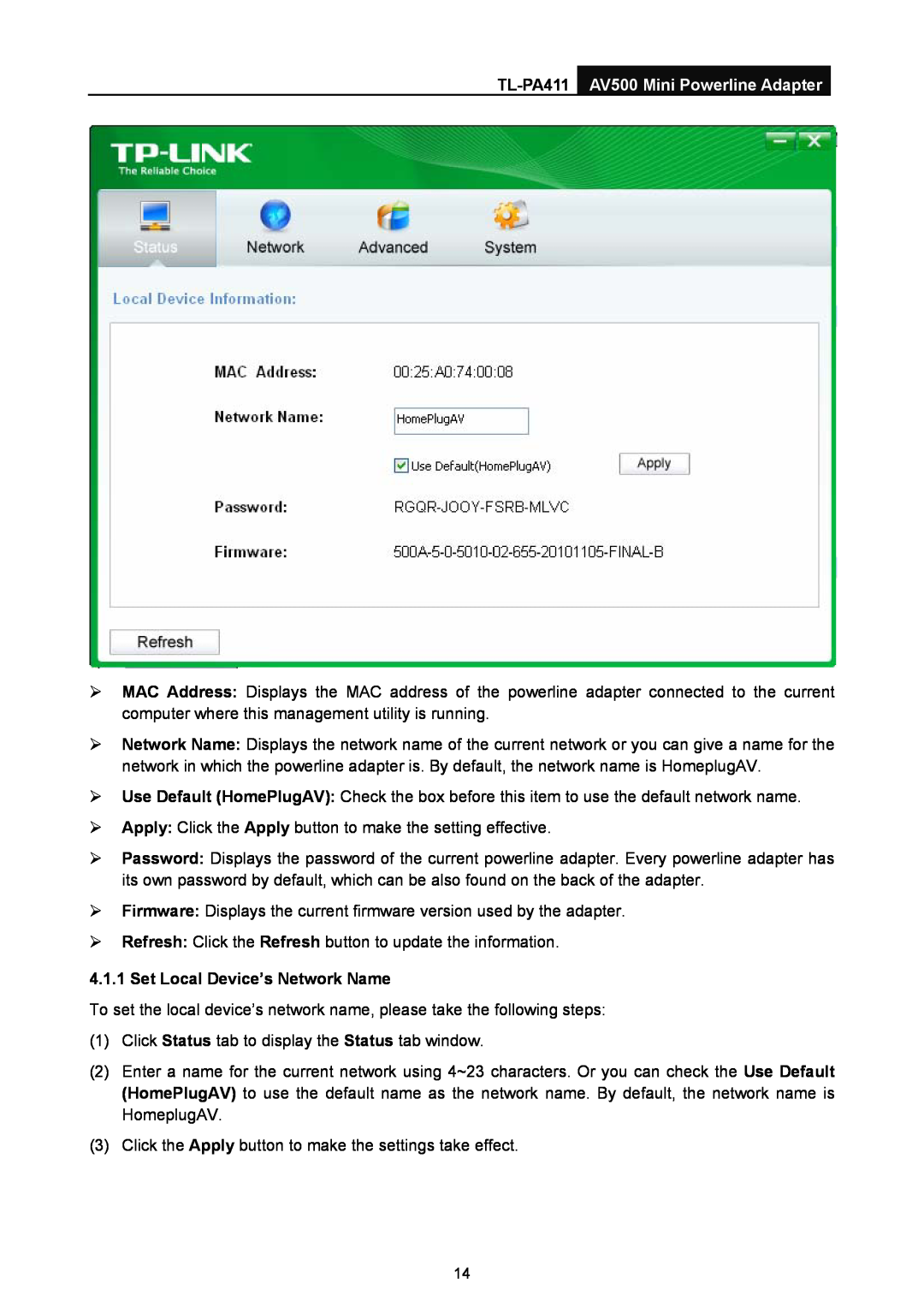 TP-Link manual TL-PA411 AV500 Mini Powerline Adapter, Set Local Device’s Network Name 