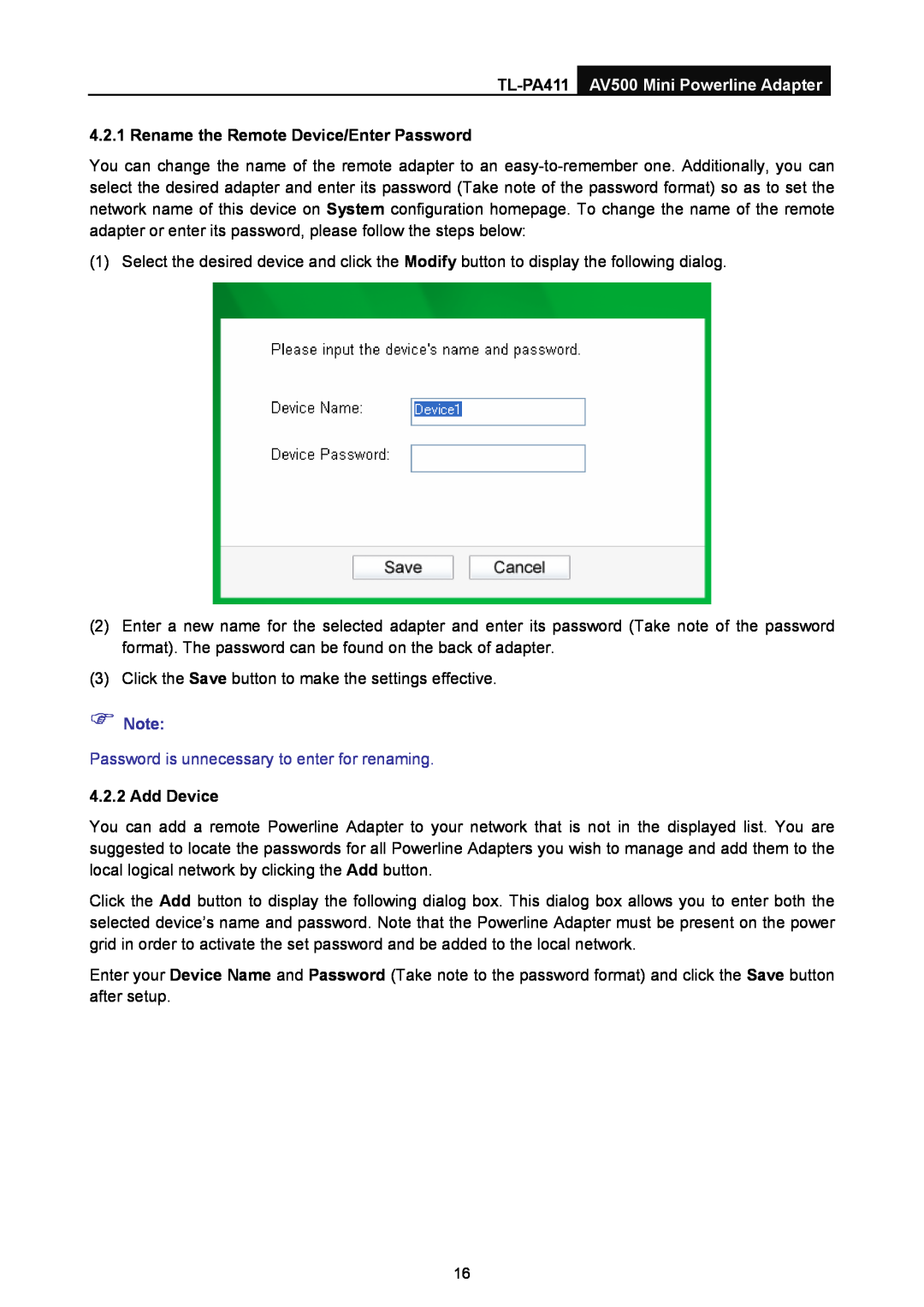 TP-Link manual TL-PA411 AV500 Mini Powerline Adapter, Rename the Remote Device/Enter Password, Add Device 