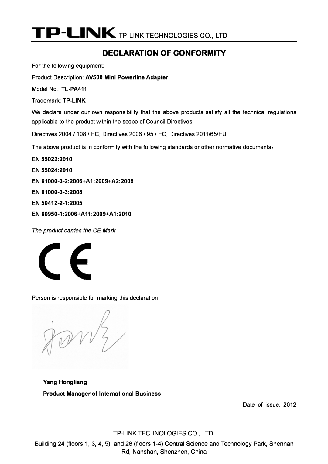 TP-Link TL-PA411 Declaration Of Conformity, Rd, Nanshan, Shenzhen, China, Product Description AV500 Mini Powerline Adapter 