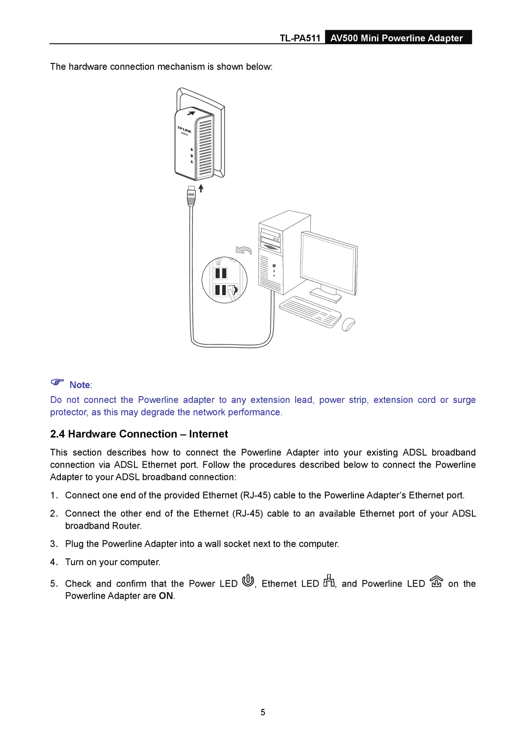 TP-Link TL-PA511 manual Hardware Connection Internet 