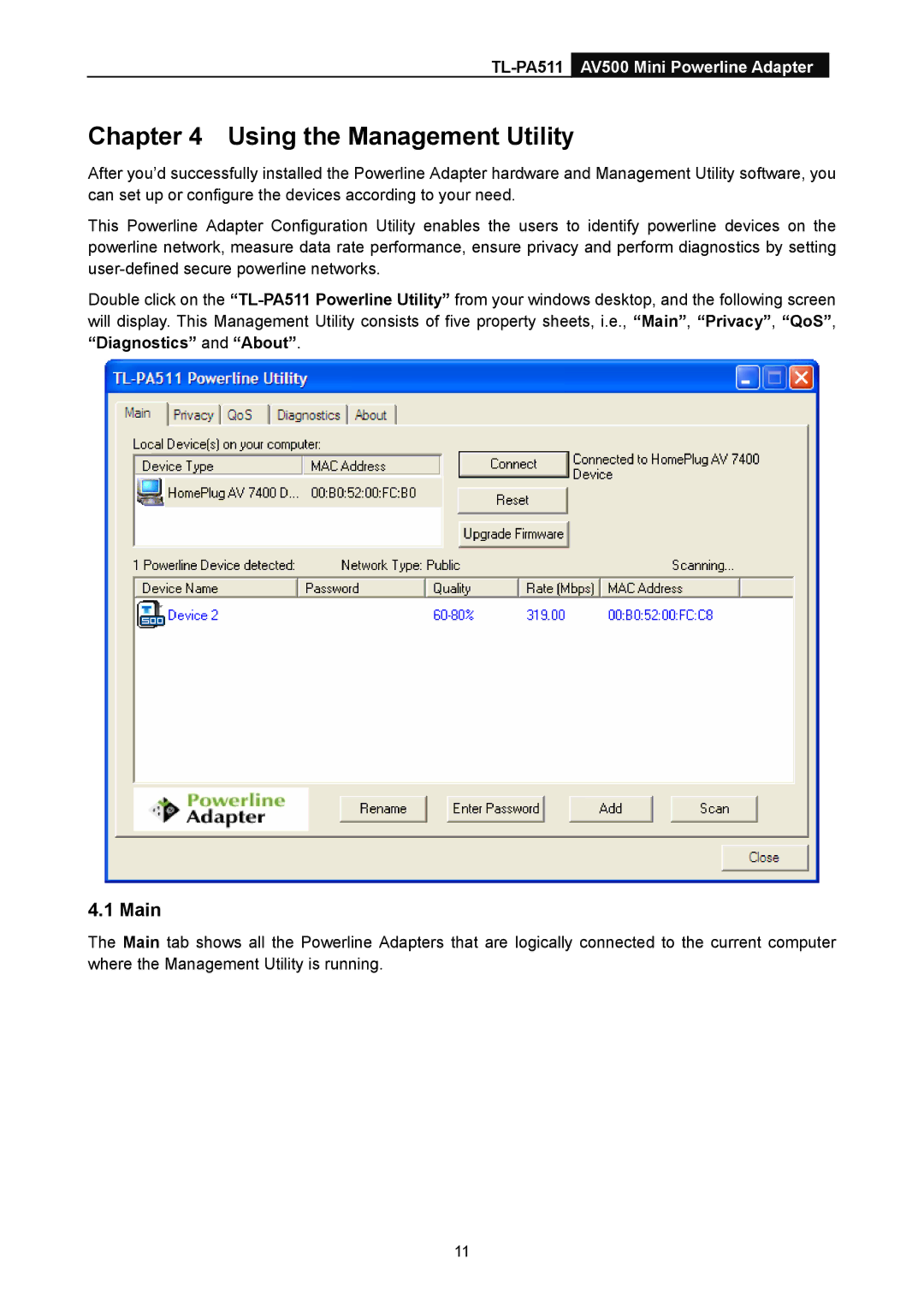 TP-Link TL-PA511 manual Using the Management Utility, Main 