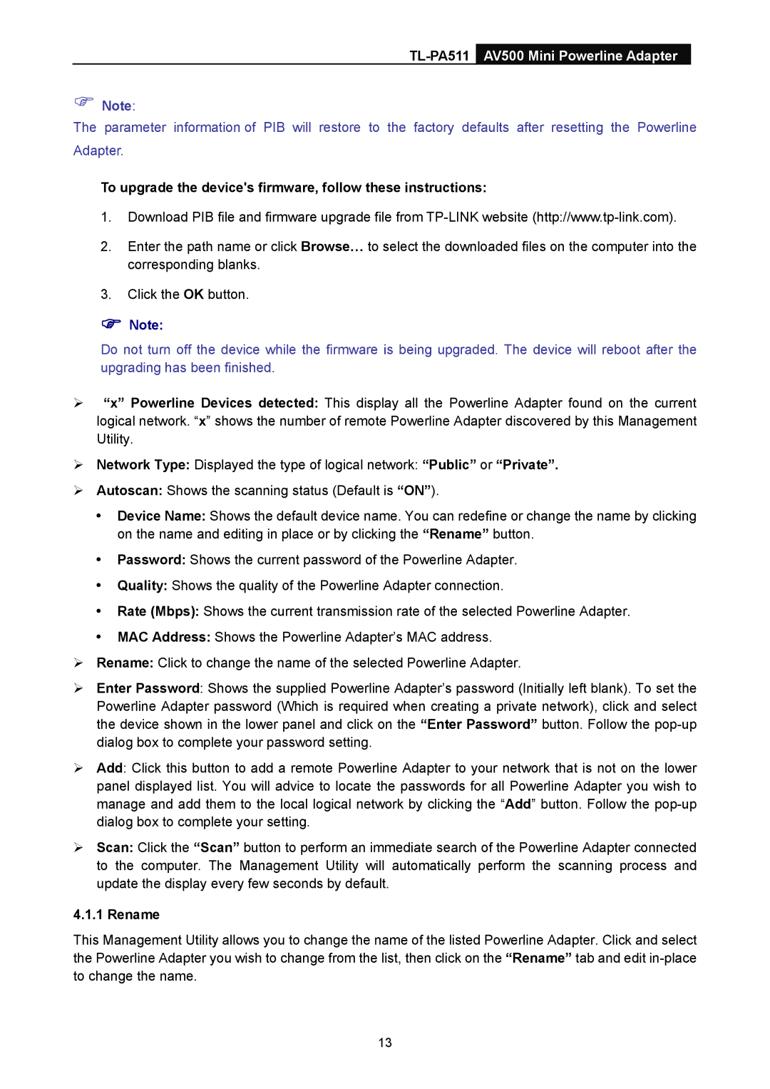 TP-Link TL-PA511 manual To upgrade the devices firmware, follow these instructions, Rename 