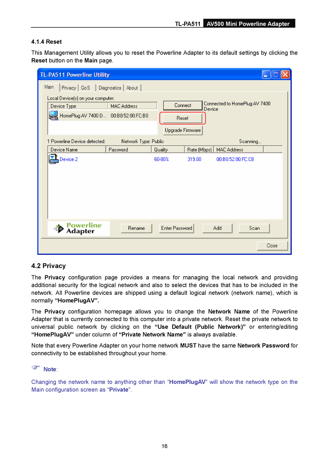 TP-Link TL-PA511 manual Privacy, Reset 