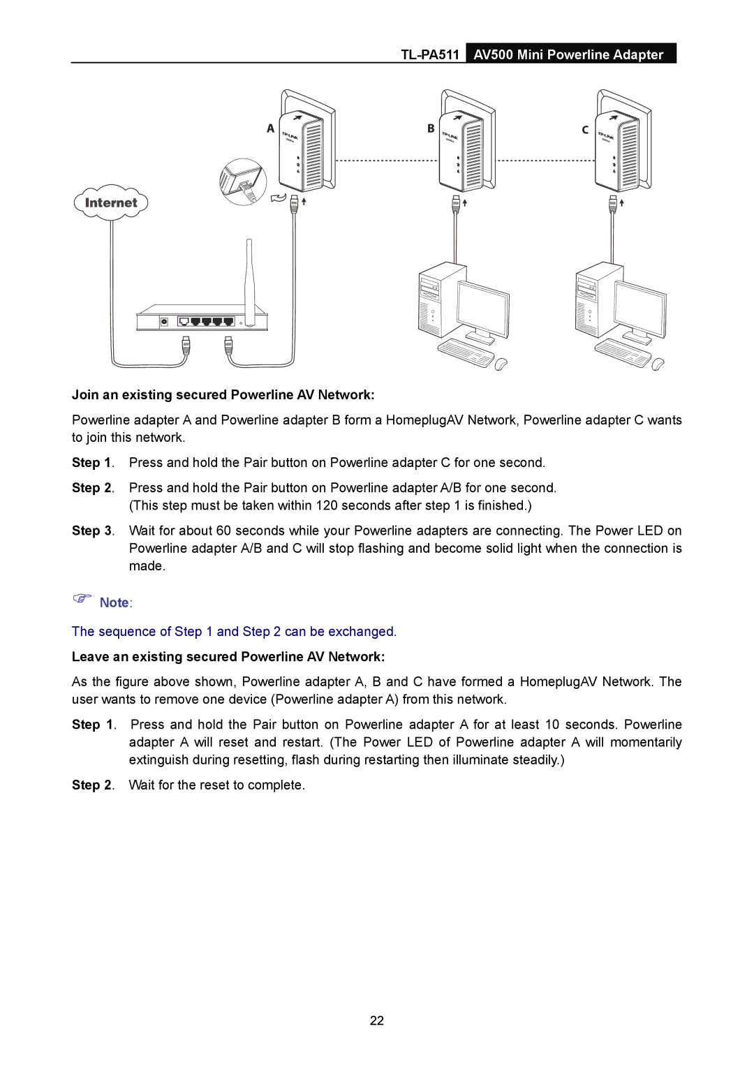 TP-Link TL-PA511 manual Join an existing secured Powerline AV Network, Leave an existing secured Powerline AV Network 