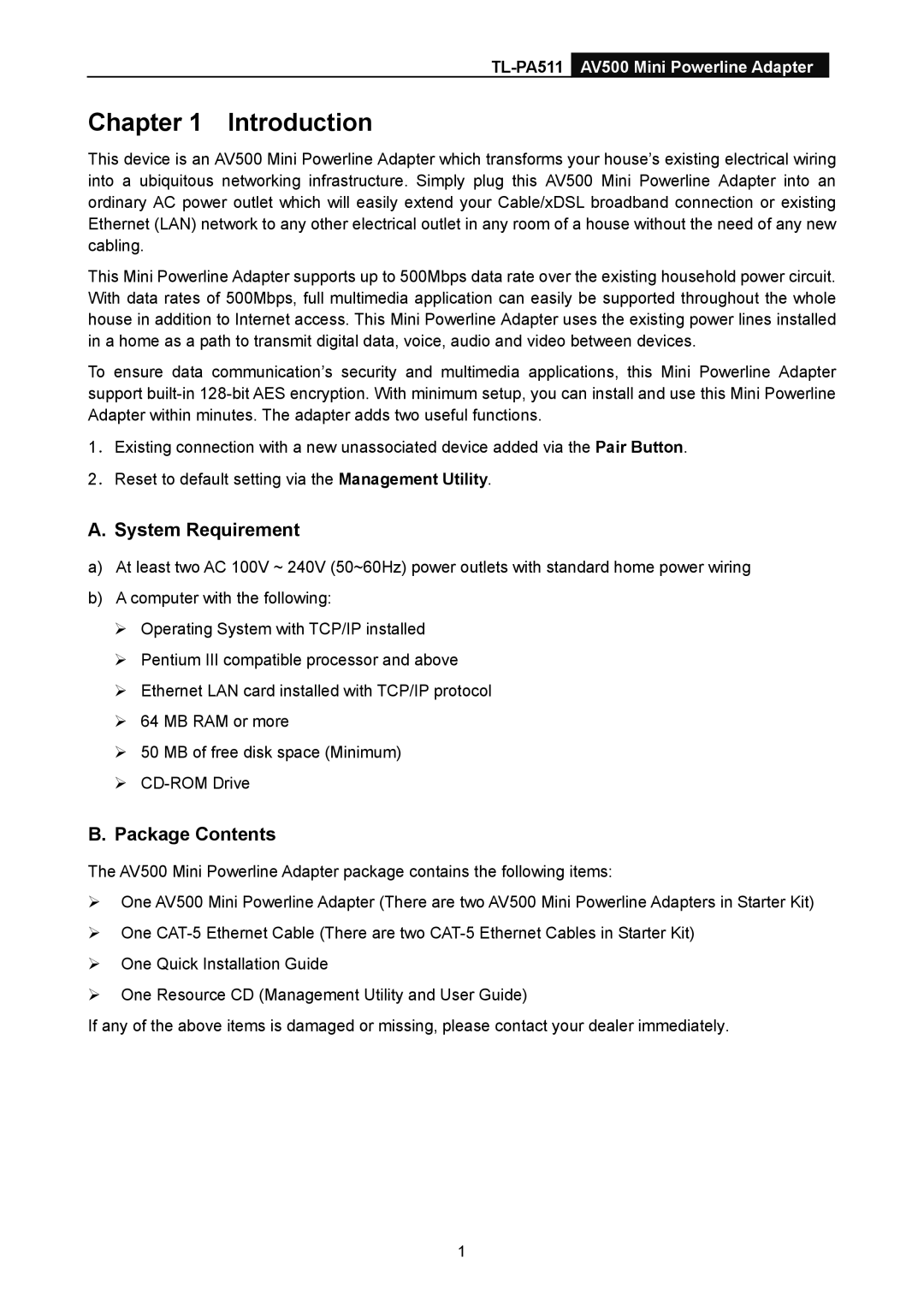 TP-Link TL-PA511 manual Introduction, System Requirement, Package Contents 