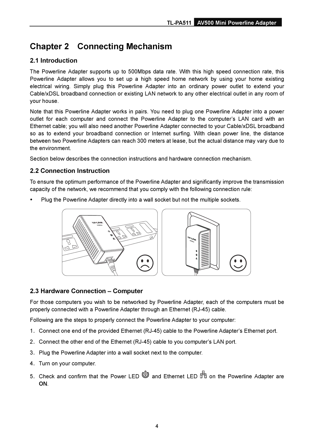 TP-Link TL-PA511 manual Connecting Mechanism, Introduction, Connection Instruction, Hardware Connection Computer 