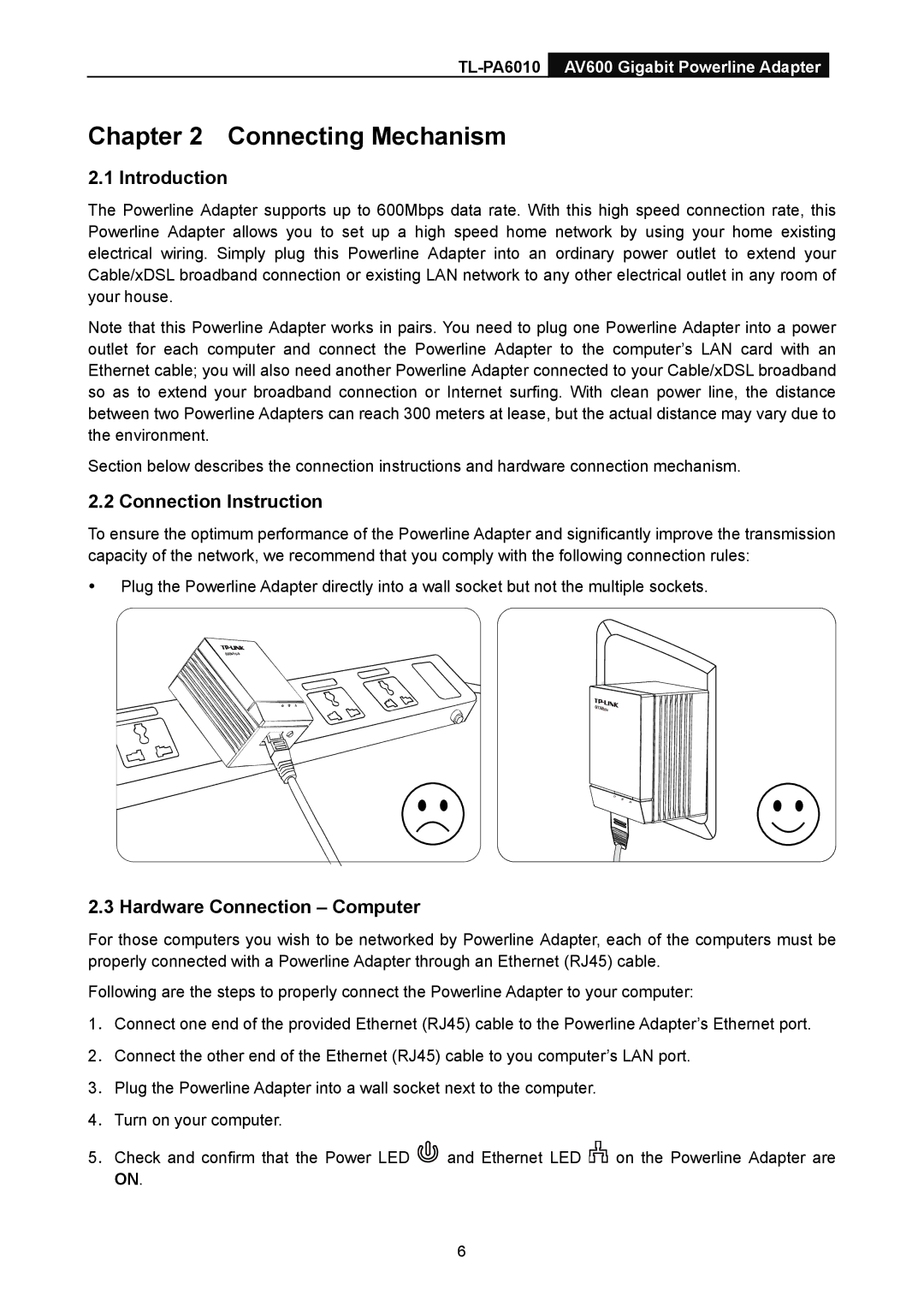 TP-Link TL-PA6010 manual Connecting Mechanism, Connection Instruction, Hardware Connection Computer 