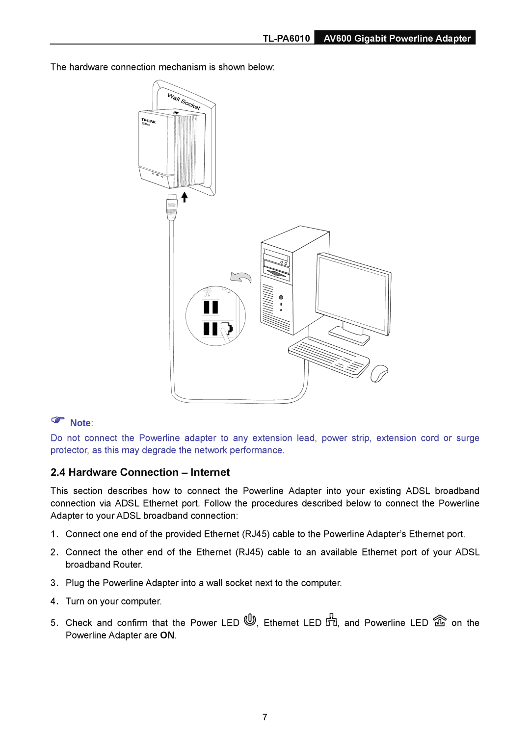 TP-Link TL-PA6010 manual Hardware Connection Internet 