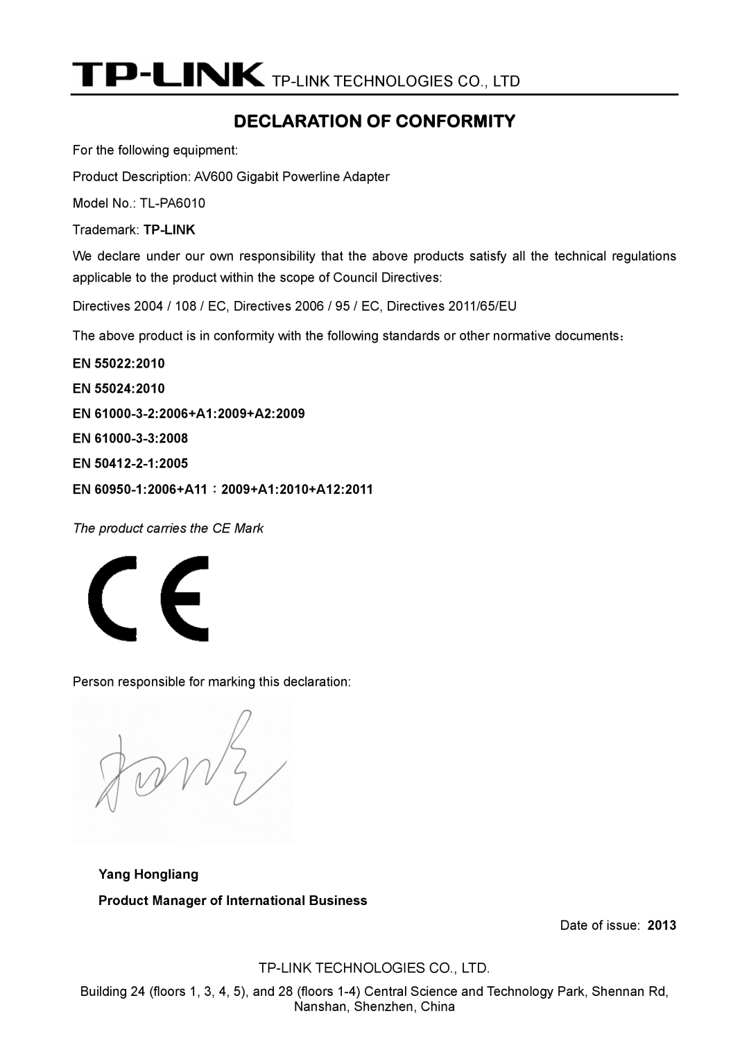 TP-Link TL-PA6010 manual Declaration of Conformity, Yang Hongliang Product Manager of International Business 