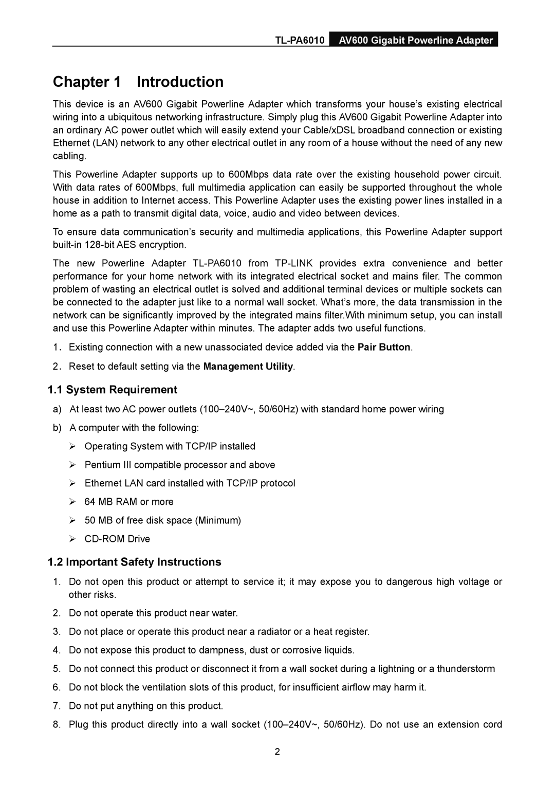 TP-Link TL-PA6010 manual Introduction, System Requirement, Important Safety Instructions 