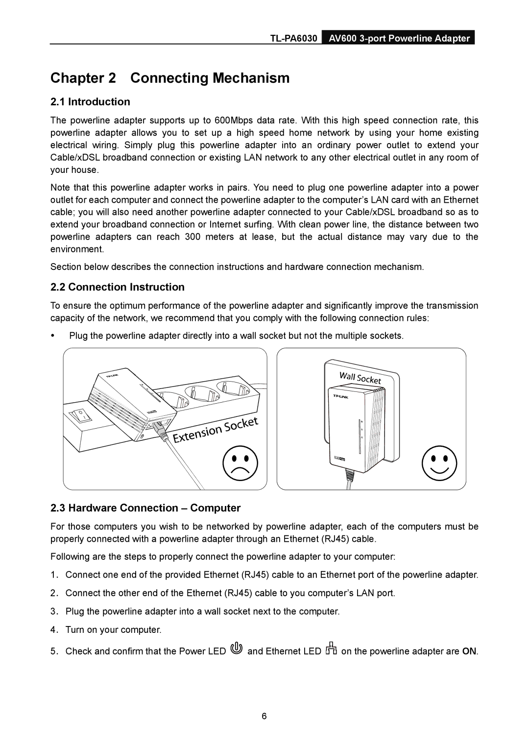 TP-Link TL-PA6030 manual Connecting Mechanism, Connection Instruction, Hardware Connection Computer 