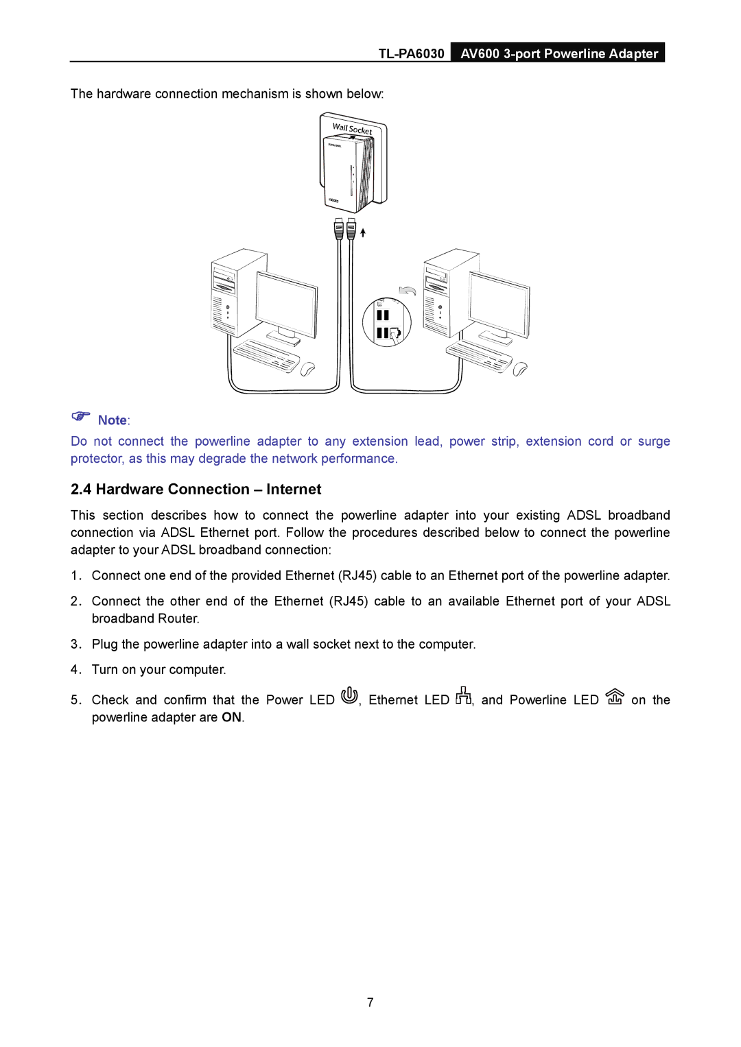 TP-Link TL-PA6030 manual Hardware Connection Internet 