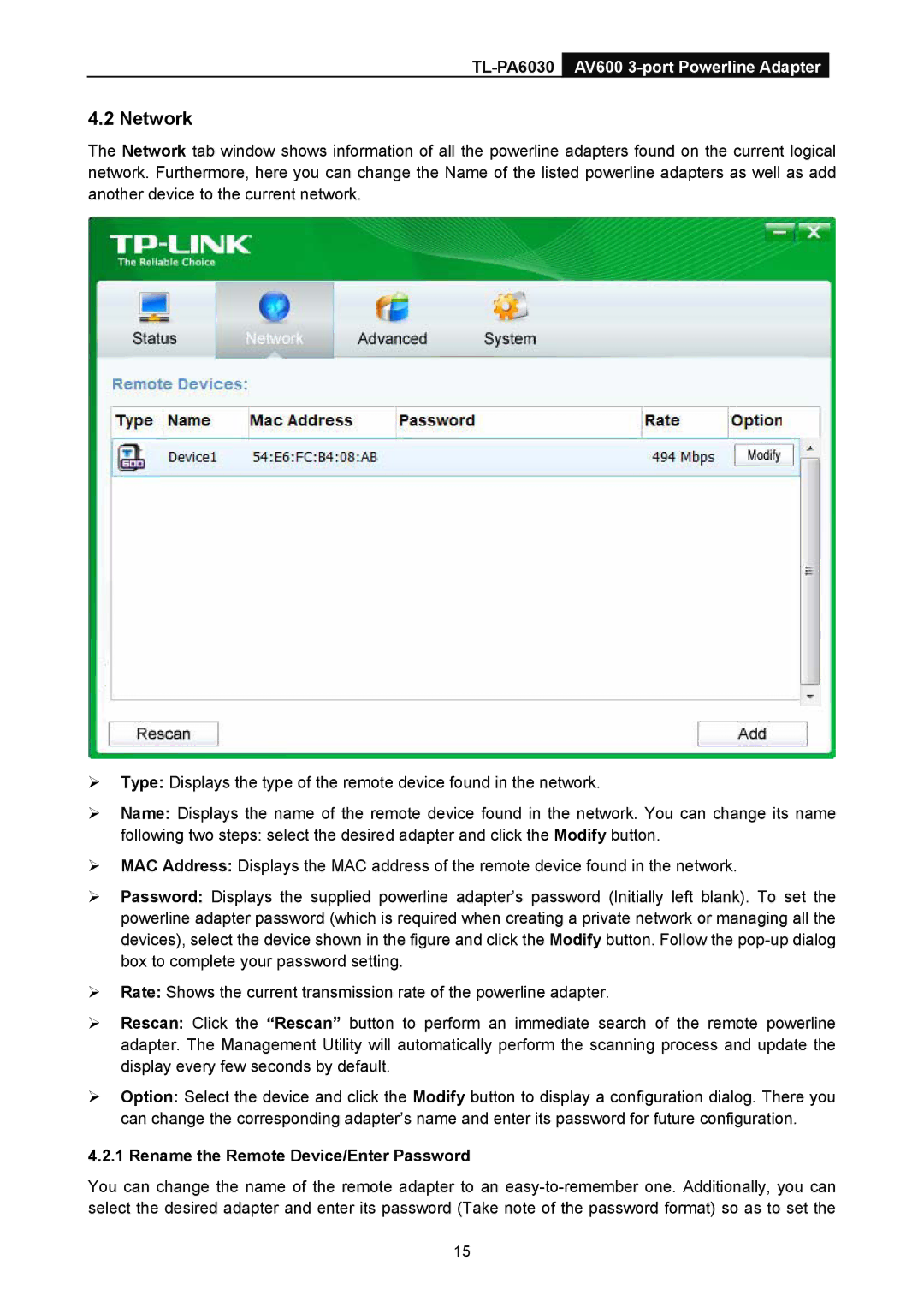 TP-Link TL-PA6030 manual Network, Rename the Remote Device/Enter Password 