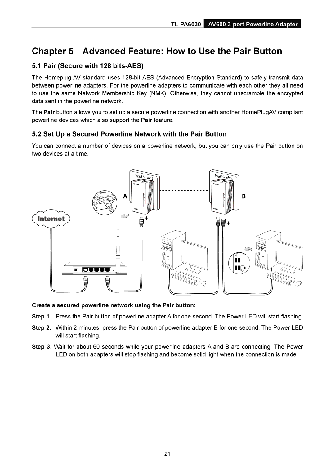 TP-Link TL-PA6030 manual Advanced Feature How to Use the Pair Button, Pair Secure with 128 bits-AES 