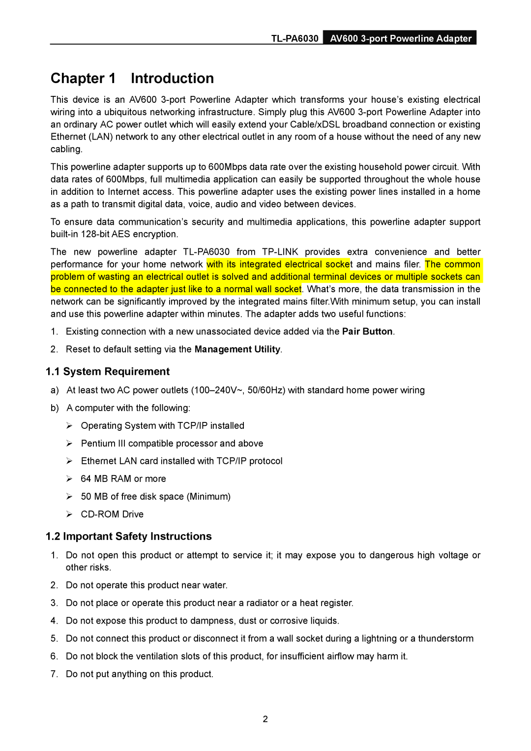 TP-Link TL-PA6030 manual Introduction, System Requirement, Important Safety Instructions 