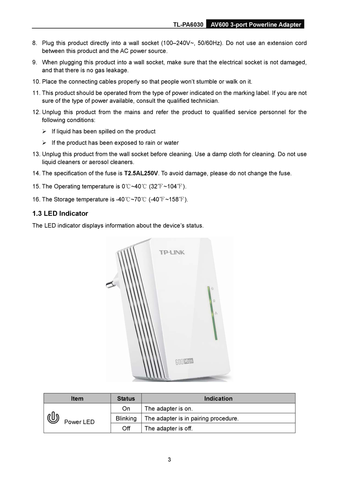 TP-Link TL-PA6030 manual LED Indicator, Status Indication 