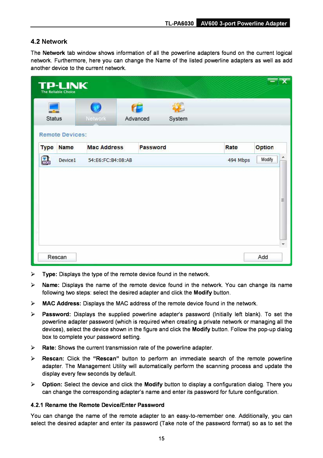 TP-Link manual Network, TL-PA6030 AV600 3-port Powerline Adapter, Rename the Remote Device/Enter Password 