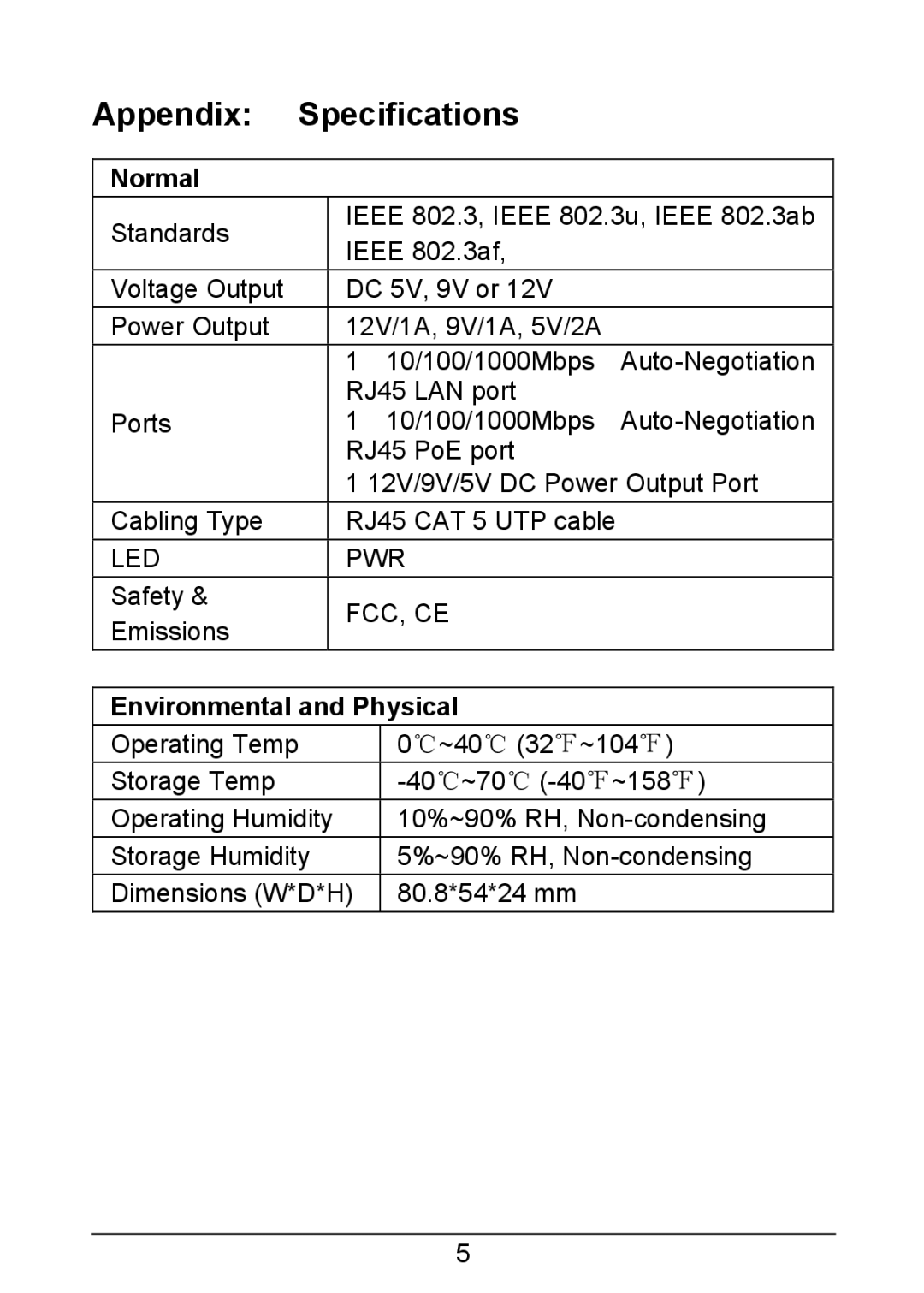 TP-Link TL-POE10R manual Appendix Specifications, Normal, Environmental and Physical 